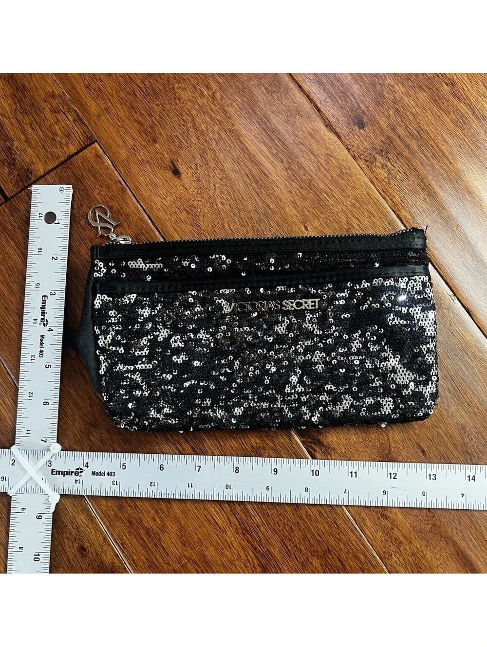 Victoria's Secret Black Silver Sequin Zipper Pouch Clutch Bag VS Logo Charm